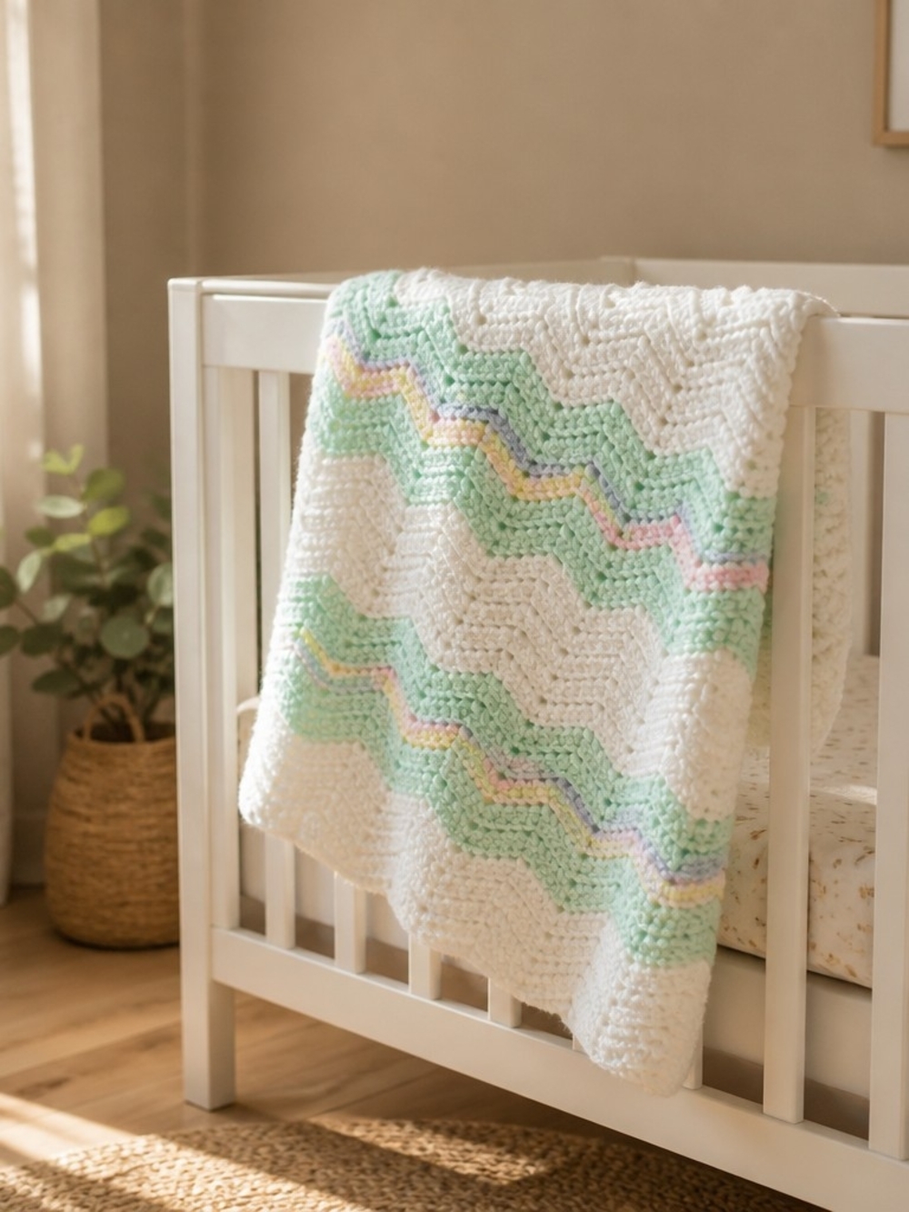 Vintage Handmade Crochet Pastel Chevron Ripple Baby Blanket Afghan 30" x 26"
